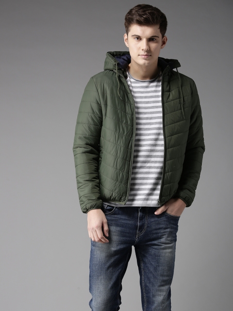 

Flying Machine Men Olive Green Solid Padded Jacket with Detachable Hood