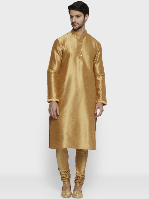 

ethnix Men Orange & Gold-Coloured Solid Kurta with Churidar