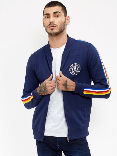 

Maniac Men Navy Blue Striped Windcheater Slim Fit Bomber
