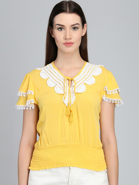 

Magzayra Women Yellow Self Design Blouson Top