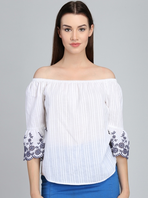 

Magzayra Women White Self Design Bardot Bell Sleeves Top