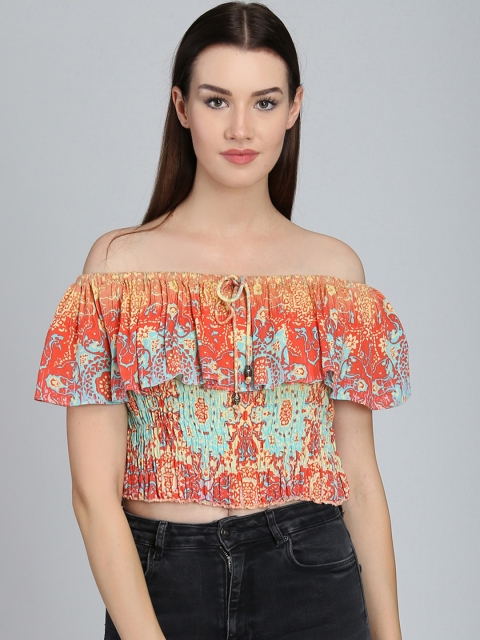 

Magzayra Women Multicoloured Printed Crop Bardot Top, Multi