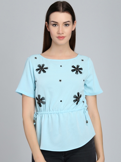

Magzayra Women Blue Embellished Cinched Waist Top