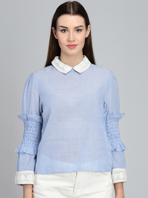 

Magzayra Women Blue Striped Shirt Style Top