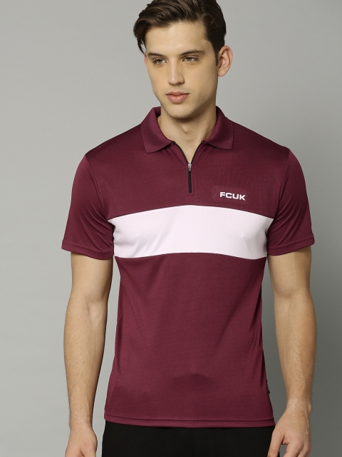 

French Connection Men Maroon & White Colourblocked Polo T-shirt