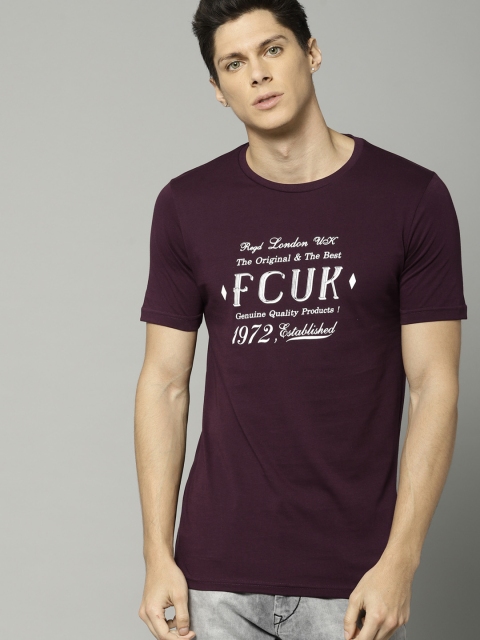 

French Connection Men Burgundy Printed Round Neck T-shirt