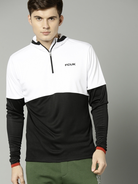 

French Connection Men White & Black Colourblocked Hooded Sweatshirt
