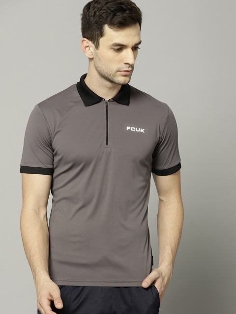 

French Connection Men Charcoal Grey Solid Polo Collar T-shirt
