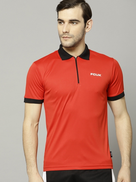 

French Connection Men Coral Orange Solid Polo Collar T-shirt
