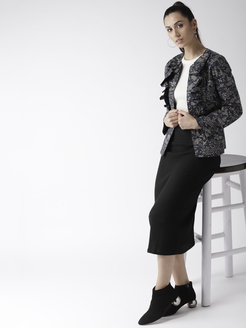

Popnetic Women Navy Blue & Beige Printed Casual Blazer