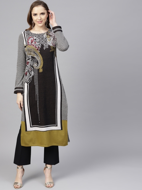

W Women Black & Grey Woven Design Straight Winter Kurta
