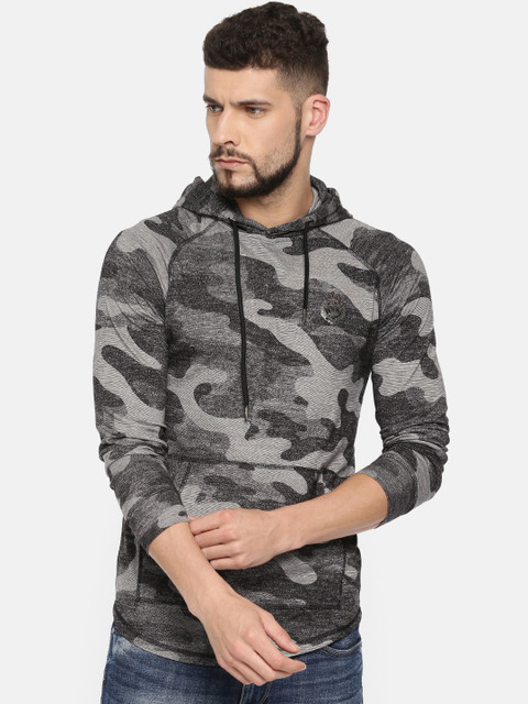 

YWC Men Black & Grey Self Design Hooded Sweatshirt