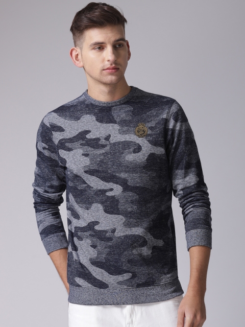 

YWC Men Blue Self Design Sweatshirt