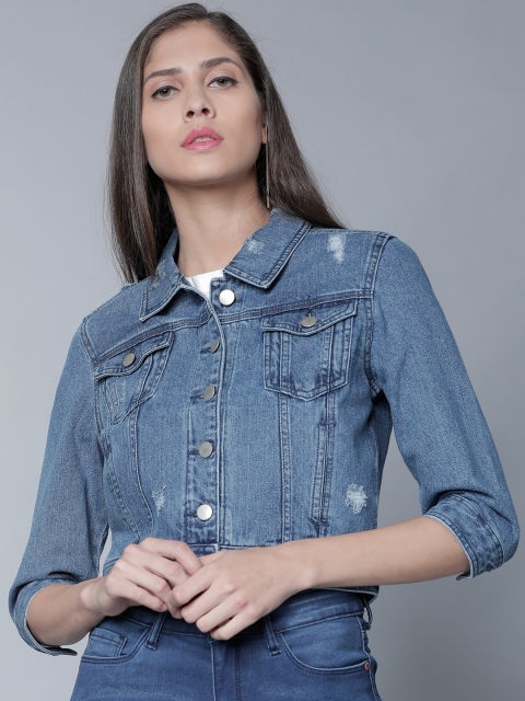 

Tokyo Talkies Women Blue Solid Denim Jacket