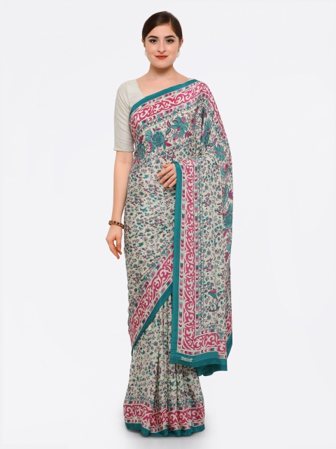 

Ligalz White & Pink Poly Crepe Printed Saree