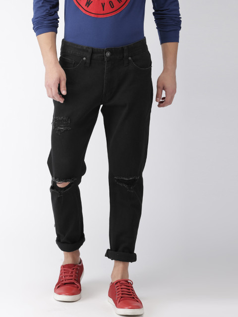

FOREVER 21 Men Black Regular Fit Mid-Rise Slash Knee Stretchable Jeans
