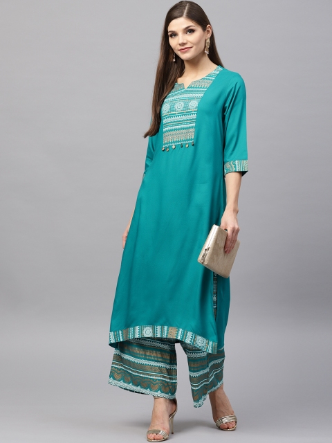 

Shree Women Teal Blue & White Yoke Design Kurta with Palazzos