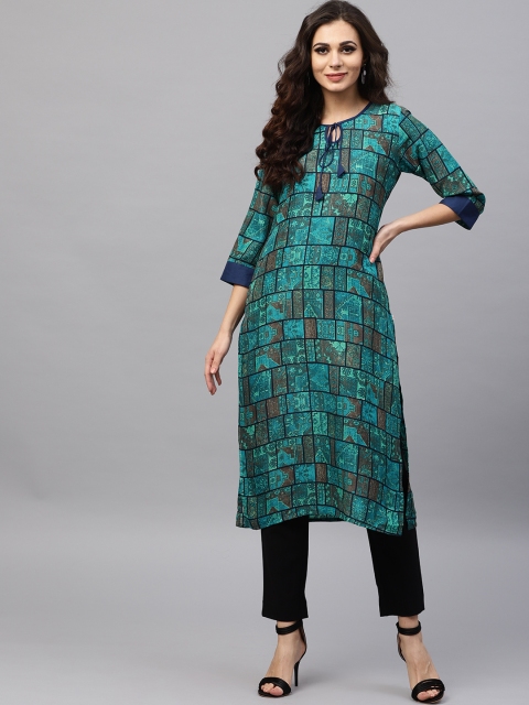 

Shree Women Teal Green & Navy Printed Straight Kurta