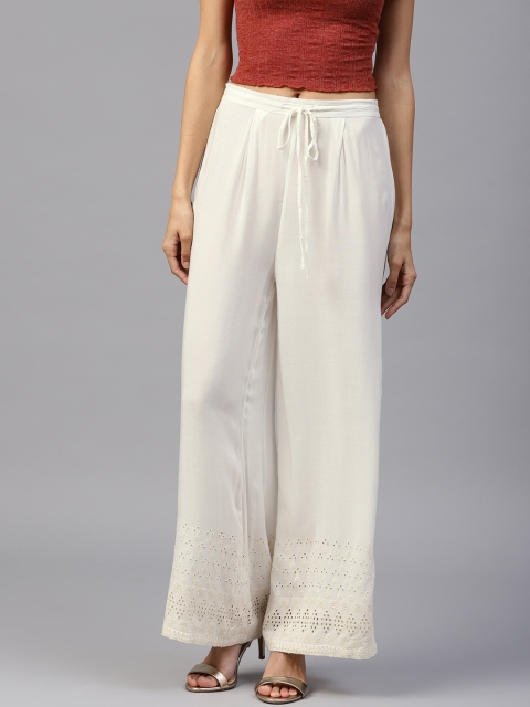 

Shree Women White Solid Wide Leg Schiffli Embroidered Palazzos