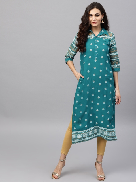 

Shree Women Teal Blue & White Printed Straight Kurta