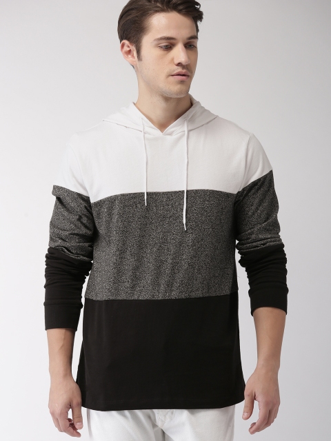 

FOREVER 21 Men White & Black Colourblocked Hood T-shirt