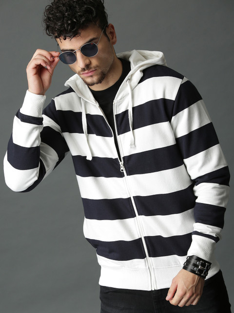 

Roadster Men White & Navy Blue Striped Hooded Sweatshirt