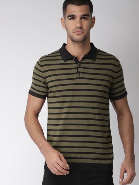 

FOREVER 21 Men Olive Green Striped Polo Collar T-shirt