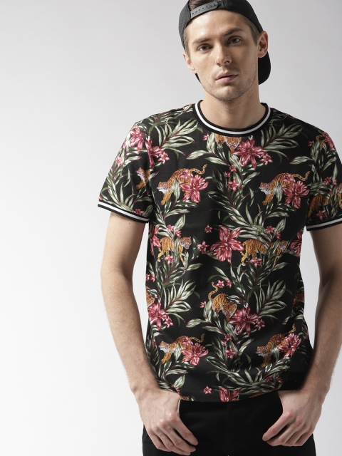 

FOREVER 21 Men Black & Green Printed Round Neck T-shirt