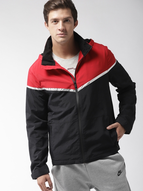 

FOREVER 21 Men Black & Red Colourblocked Hooded Tailored Jacket