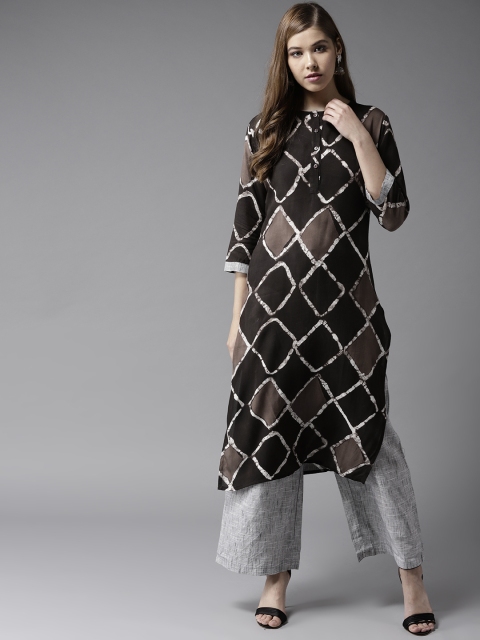 

HERE&NOW Women Brown & Grey Checked Kurta with Palazzos