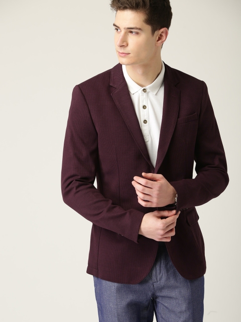 

United Colors of Benetton Men Burgundy & Black Self Striped Single-Breasted Casual Blazer