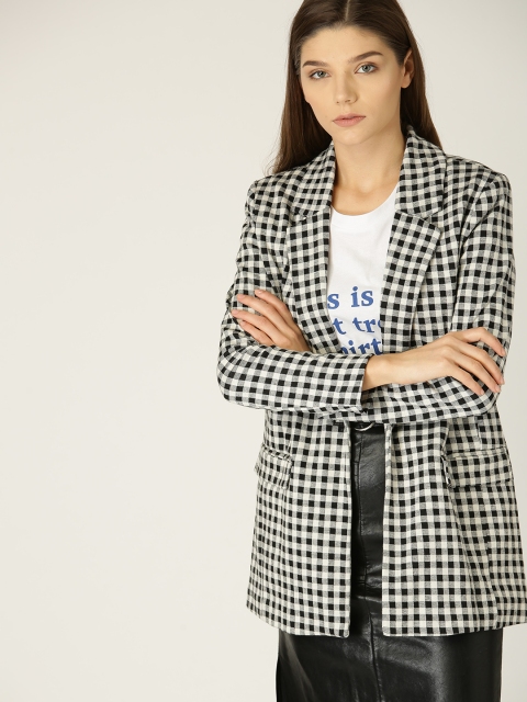 

MANGO Women Black & White Checked Casual Blazer