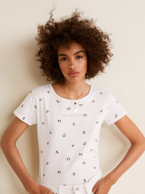 

MANGO Women White Printed Round Neck T-shirt