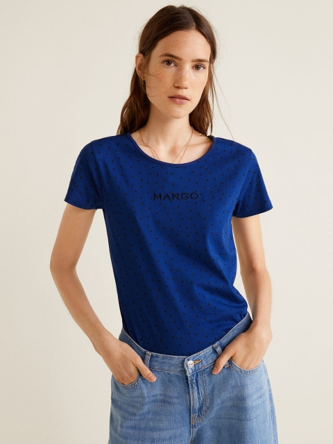

MANGO Women Blue Printed Round Neck T-shirt
