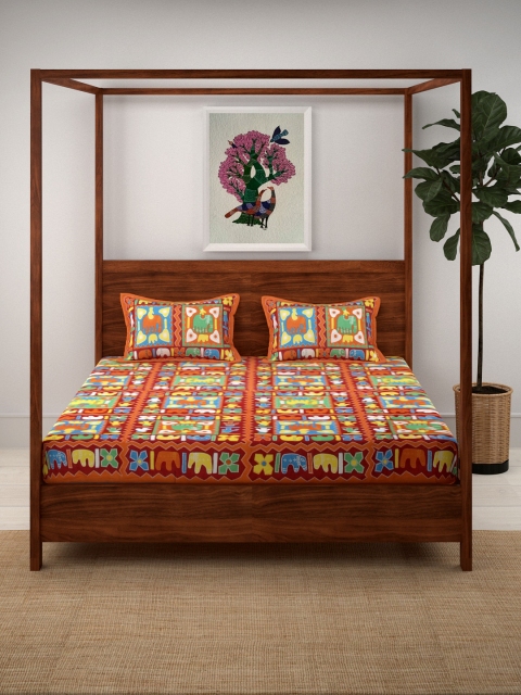 

Aura Orange & Red Ethnic Motifs 180 TC Cotton 1 Queen Bedsheet with 2 Pillow Covers