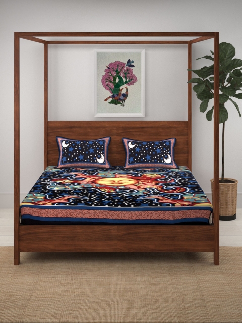 

Aura Black & Blue Graphic Flat 120 TC Cotton Queen Bedsheet with 2 Pillow Covers