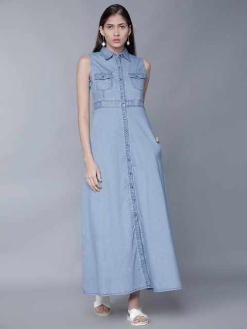 

Tokyo Talkies Women Blue Solid Denim Maxi Dress