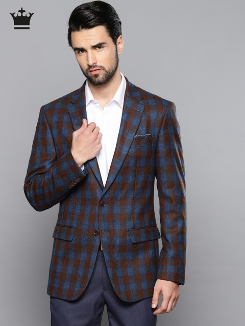 

Louis Philippe Men Brown & Blue Woollen Checked Tailored Fit Formal Blazer