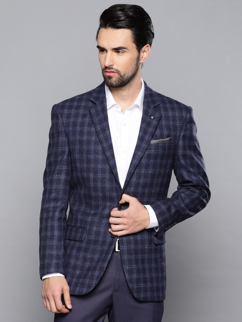 

Louis Philippe Men Blue Checked Tailored Fit Woolen Formal Single-Breasted Blazer