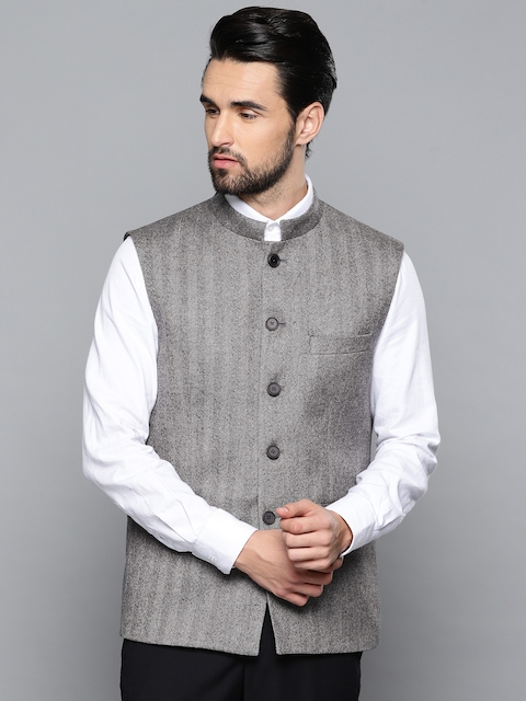 Louis Philippe Men Grey & Black Striped Regular Fit Wool Nehru Jacket