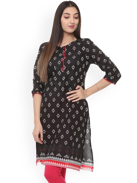 

People Women Black Printed Straight Kurta