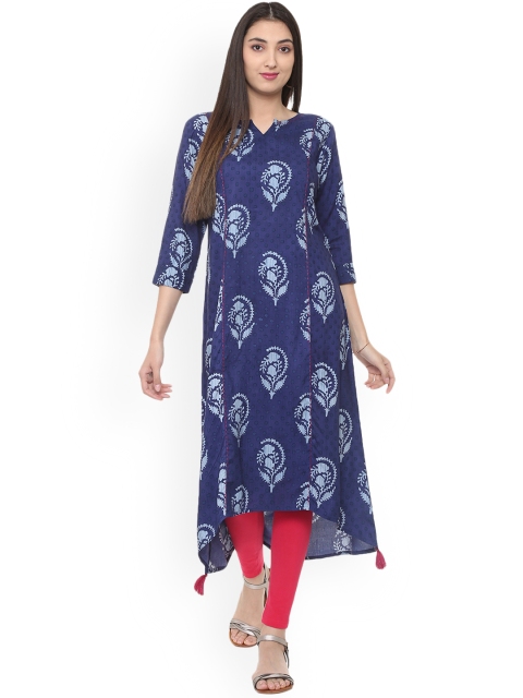 

People Women Navy Blue Printed Straight Kurta