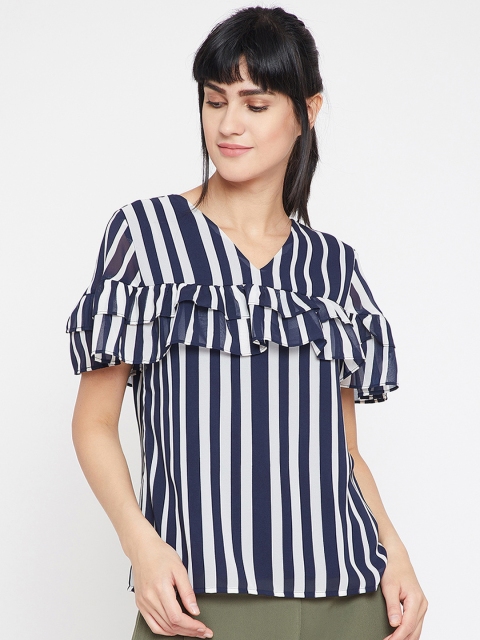 

RARE Women Navy Blue & White Striped Tiered Top