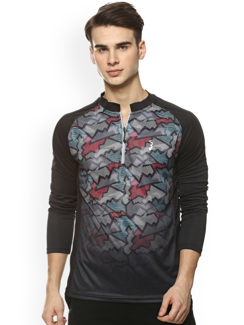 

Campus Sutra Men Black & Grey Printed Mandarin Collar T-shirt