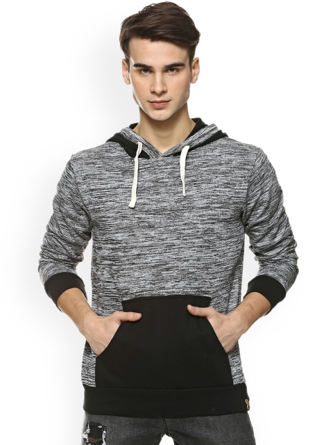 

Campus Sutra Men Grey Melange & Black Colourblocked Hooded Sweatshirt