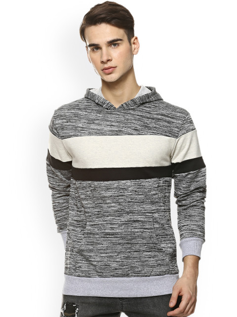 

Campus Sutra Men Grey Melange & White Colourblocked Hooded Sweatshirt