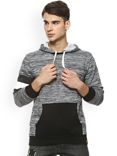 

Campus Sutra Men Grey Melange & Black Colourblocked Hooded Sweatshirt
