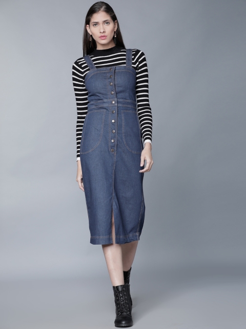 

Tokyo Talkies Women Navy Blue Solid Denim Pinafore Dress