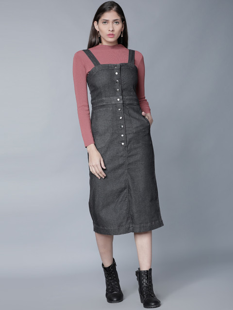 

Tokyo Talkies Women Black Solid Denim Pinafore Dress