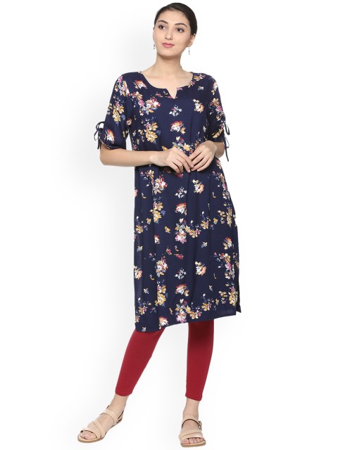 

People Women Navy Blue Printed Straight Kurta
